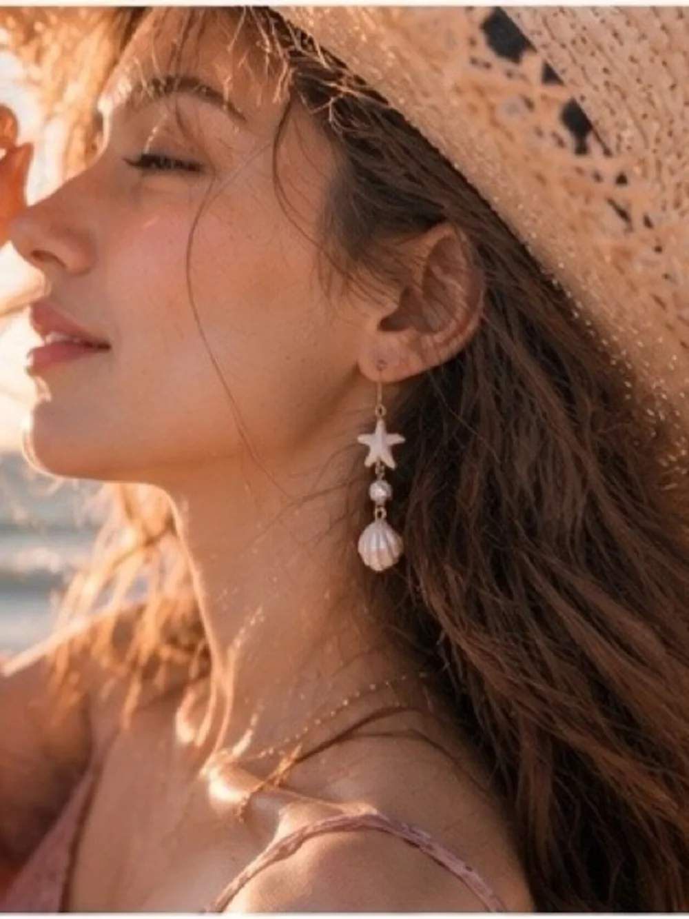 Gold & White Starfish Seashell Drop Earrings - Women Jewelry - Picture 3 of 4